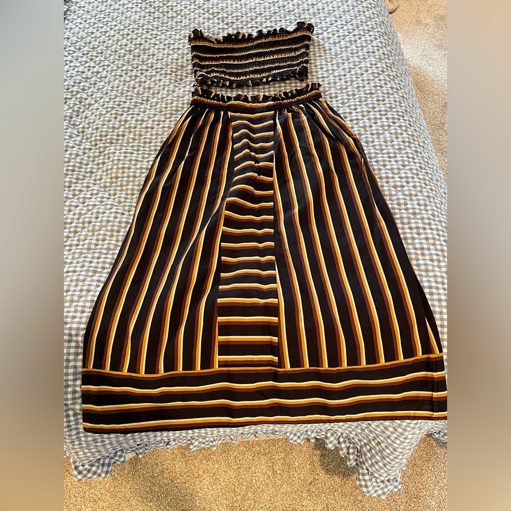 Cleobella Striped Black/ Mustard midi Skirt w/cropped bandeau boho earth mama